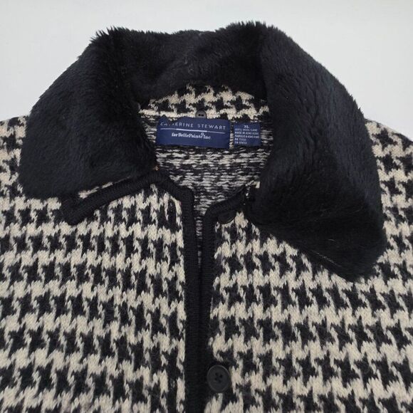 Catherine Stewart Womens XL Wool Houndstooth Faux Fur Collar Vest Black & White - Picture 1 of 7